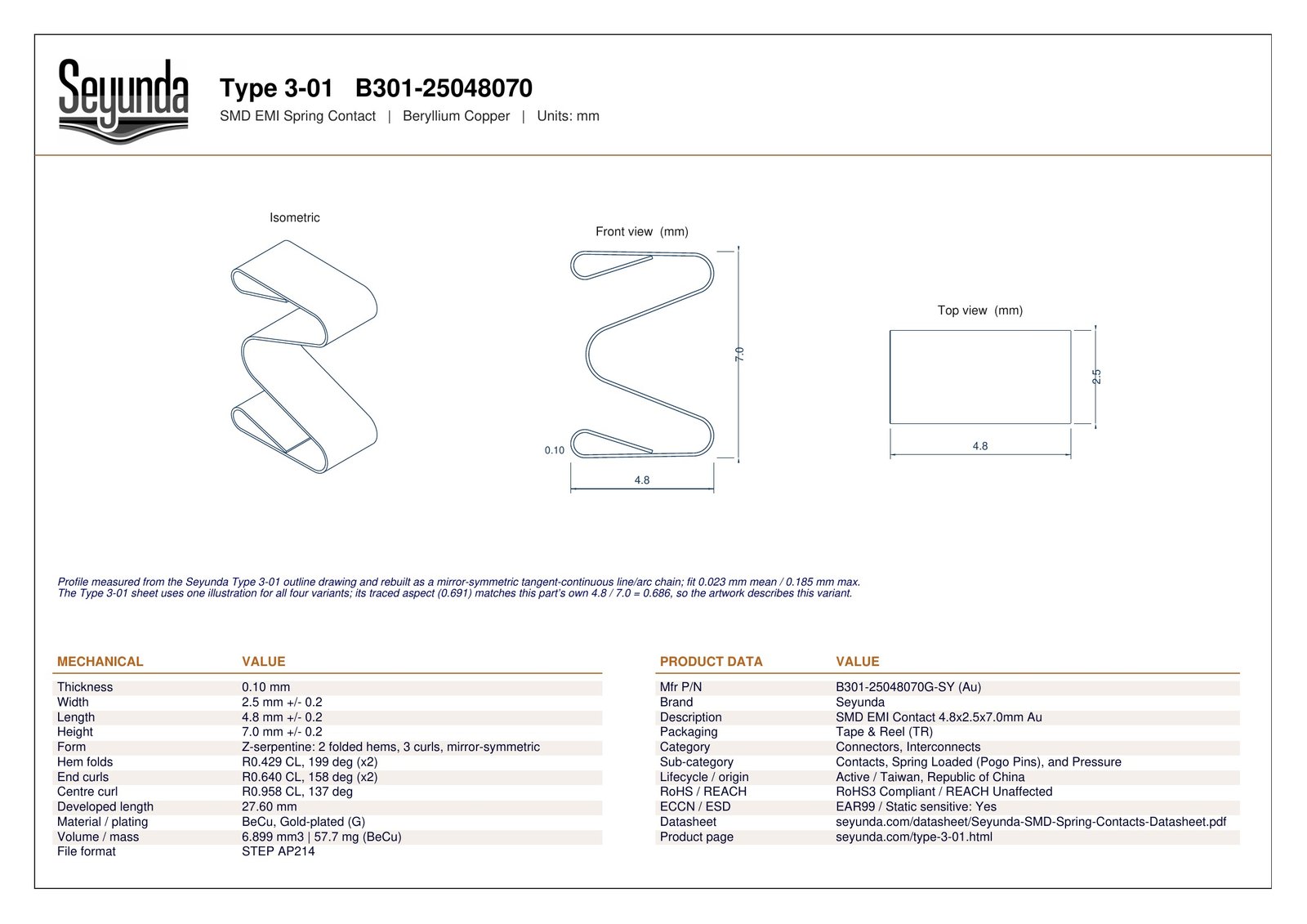 TYPE 3 - 01 (B301-25048070) dimensional drawing: isometric, front and top views with overall size 4.8 x 2.5 x 7.0 mm, 0.10 mm gold-plated beryllium copper, plus mechanical and product data tables