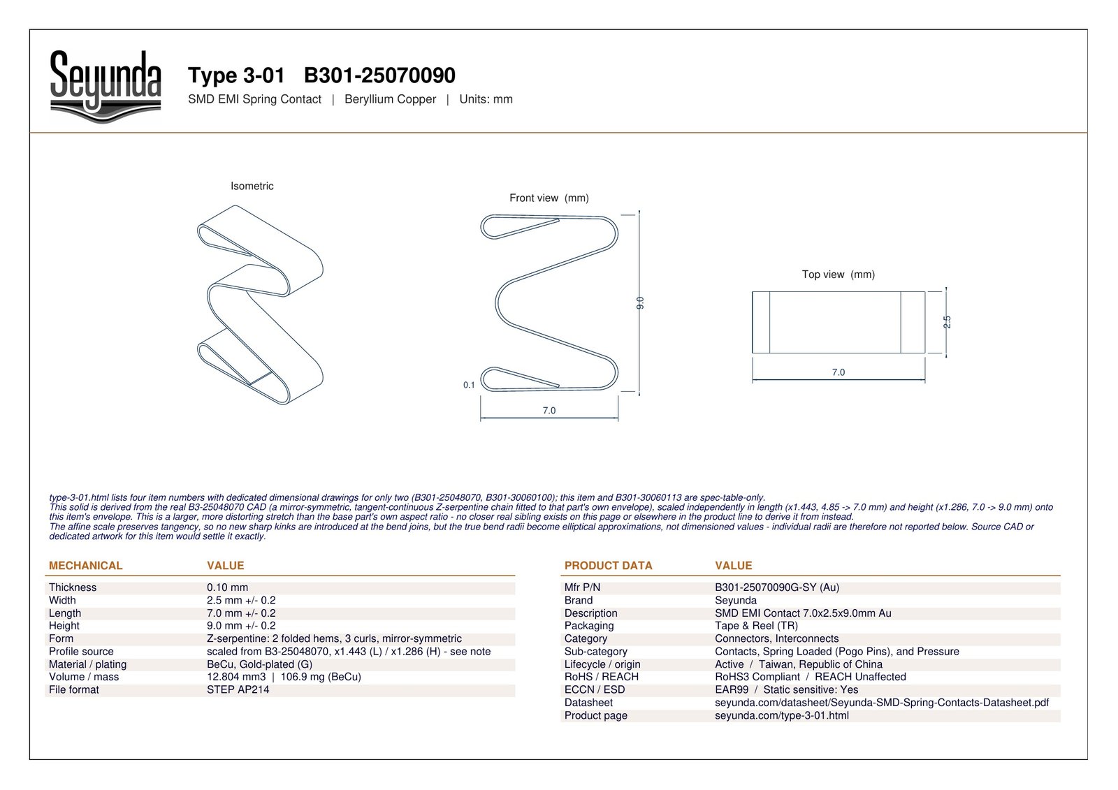 TYPE 3 - 01 (B301-25070090) dimensional drawing: isometric, front and top views with overall size 7.0 x 2.5 x 9.0 mm, 0.10 mm gold-plated beryllium copper, plus mechanical and product data tables