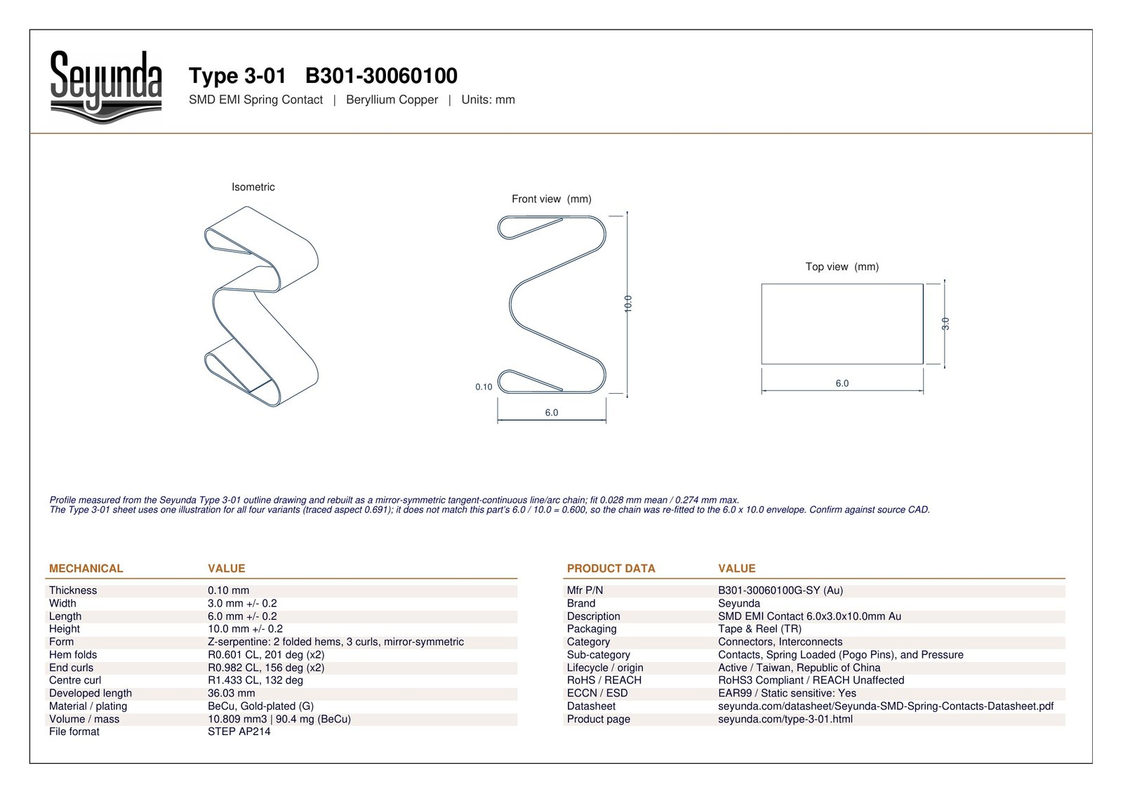 TYPE 3 - 01 (B301-30060100) dimensional drawing: isometric, front and top views with overall size 6.0 x 3.0 x 10.0 mm, 0.10 mm gold-plated beryllium copper, plus mechanical and product data tables