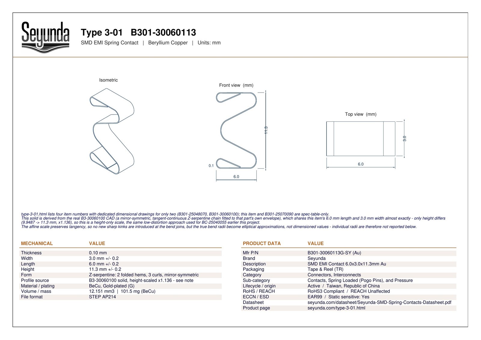TYPE 3 - 01 (B301-30060113) dimensional drawing: isometric, front and top views with overall size 6.0 x 3.0 x 11.3 mm, 0.10 mm gold-plated beryllium copper, plus mechanical and product data tables