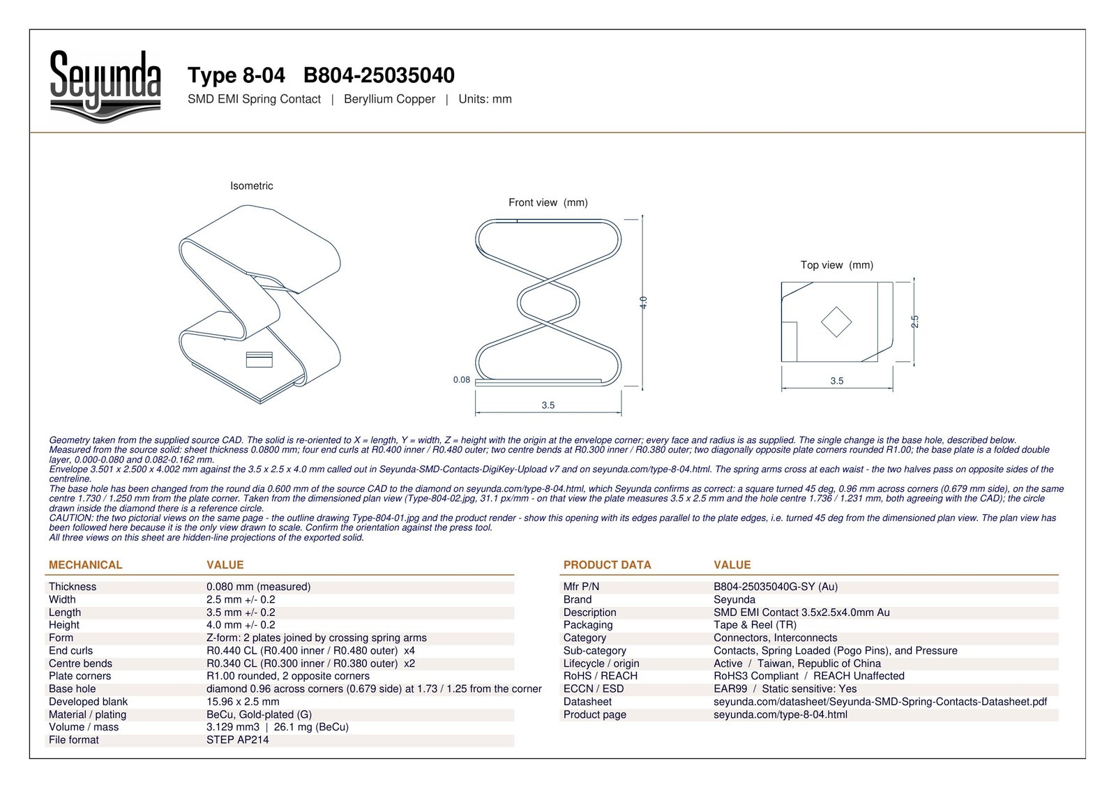TYPE 8 - 04 (B804-25035040) dimensional drawing: isometric, front and top views with overall size 3.5 x 2.5 x 4.0 mm, 0.08 mm gold-plated beryllium copper and a diamond base hole, plus mechanical and product data tables