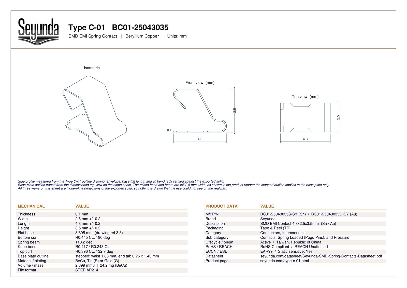 Type C - 01 (BC01-25043035) dimensional drawing: isometric, front and top views with overall size 4.3 x 2.5 x 3.5 mm, 0.1 mm beryllium copper, plus mechanical and product data tables