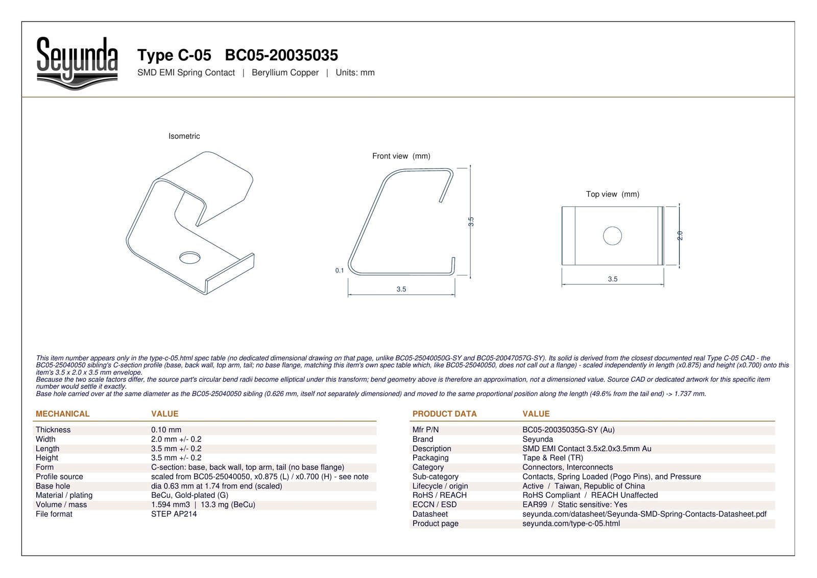 TYPE C - 05 (BC05-20035035) dimensional drawing: isometric, front and top views with overall size 3.5 x 2.0 x 3.5 mm, 0.1 mm gold-plated beryllium copper and a 0.63 mm base hole, plus mechanical and product data tables