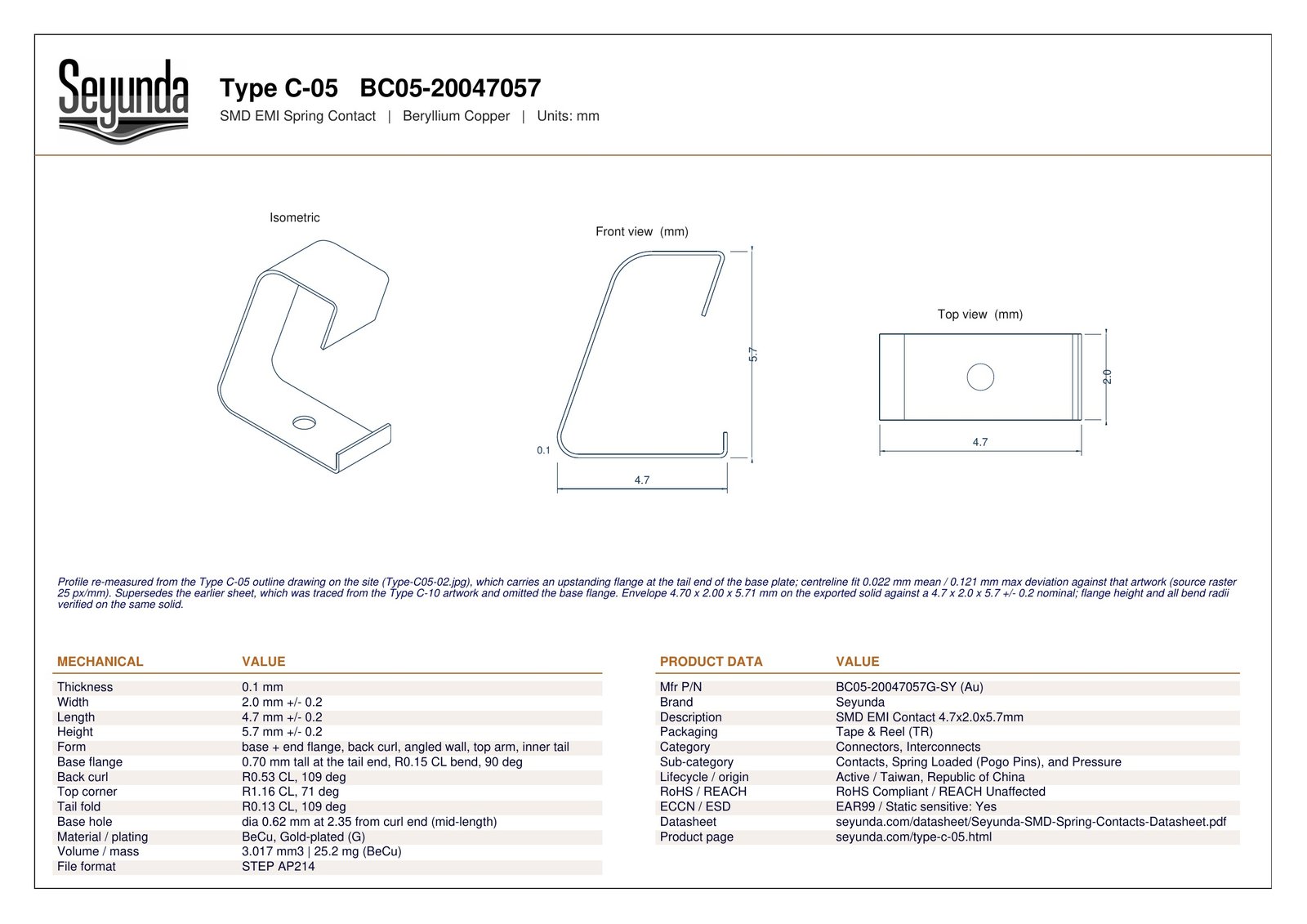 TYPE C - 05 (BC05-20047057) dimensional drawing: isometric, front and top views with overall size 4.7 x 2.0 x 5.7 mm, 0.1 mm gold-plated beryllium copper, a 0.70 mm base end flange and a 0.62 mm base hole, plus mechanical and product data tables