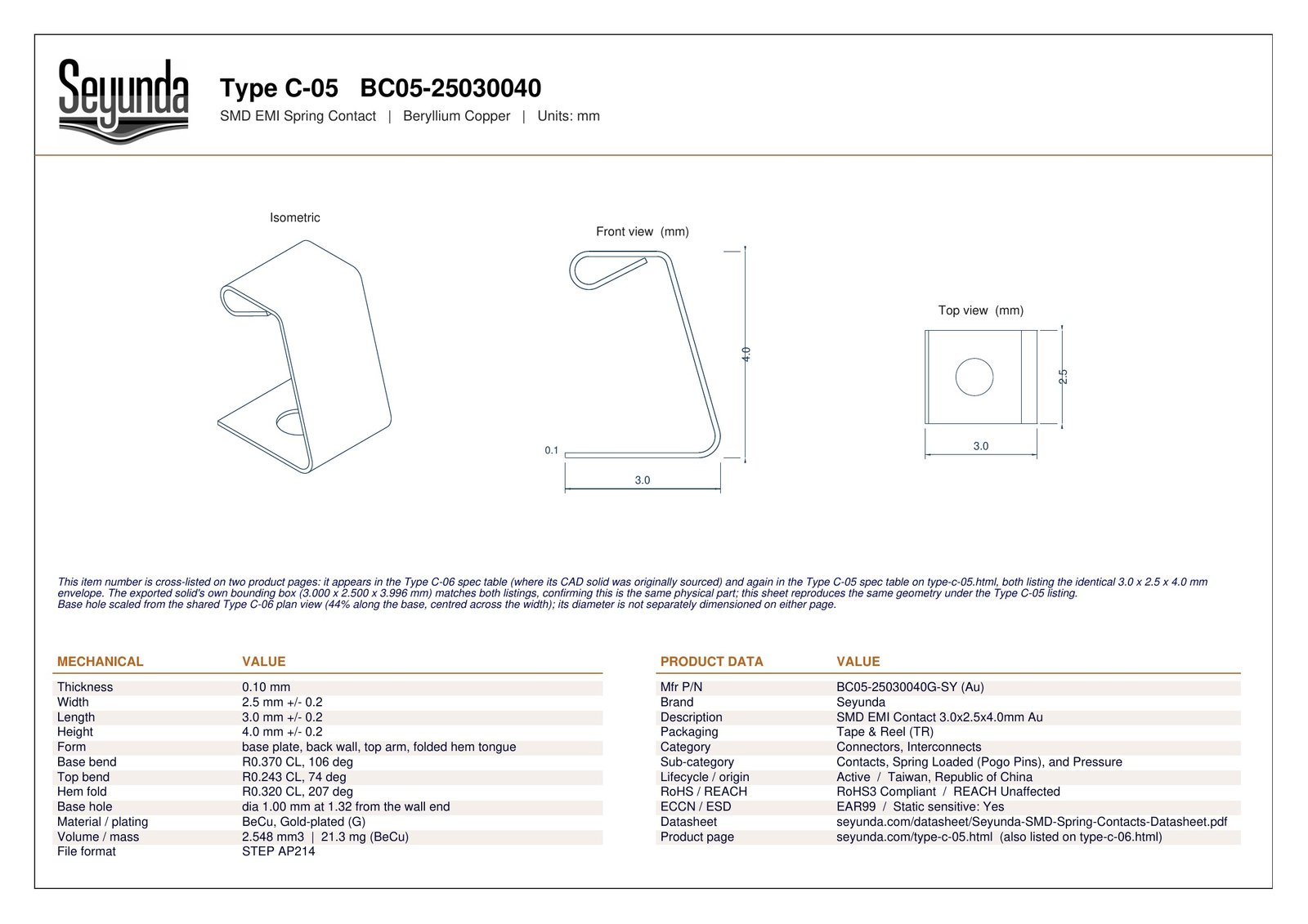 TYPE C - 05 (BC05-25030040) dimensional drawing: isometric, front and top views with overall size 3.0 x 2.5 x 4.0 mm, 0.1 mm gold-plated beryllium copper and a 1.00 mm base hole, plus mechanical and product data tables