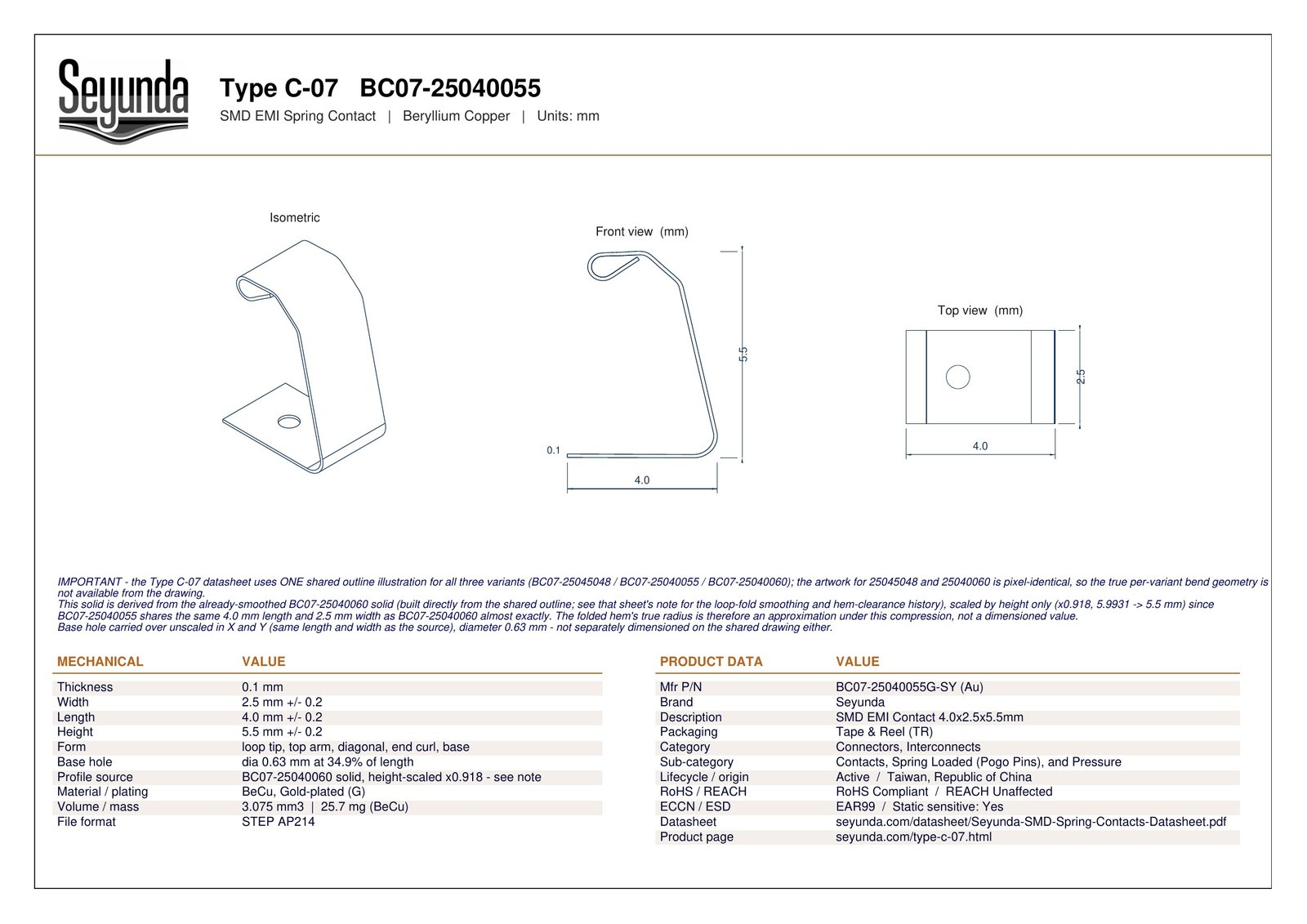 TYPE C - 07 (BC07-25040055) dimensional drawing: isometric, front and top views with overall size 4.0 x 2.5 x 5.5 mm, 0.1 mm gold-plated beryllium copper and a 0.63 mm base hole, plus mechanical and product data tables