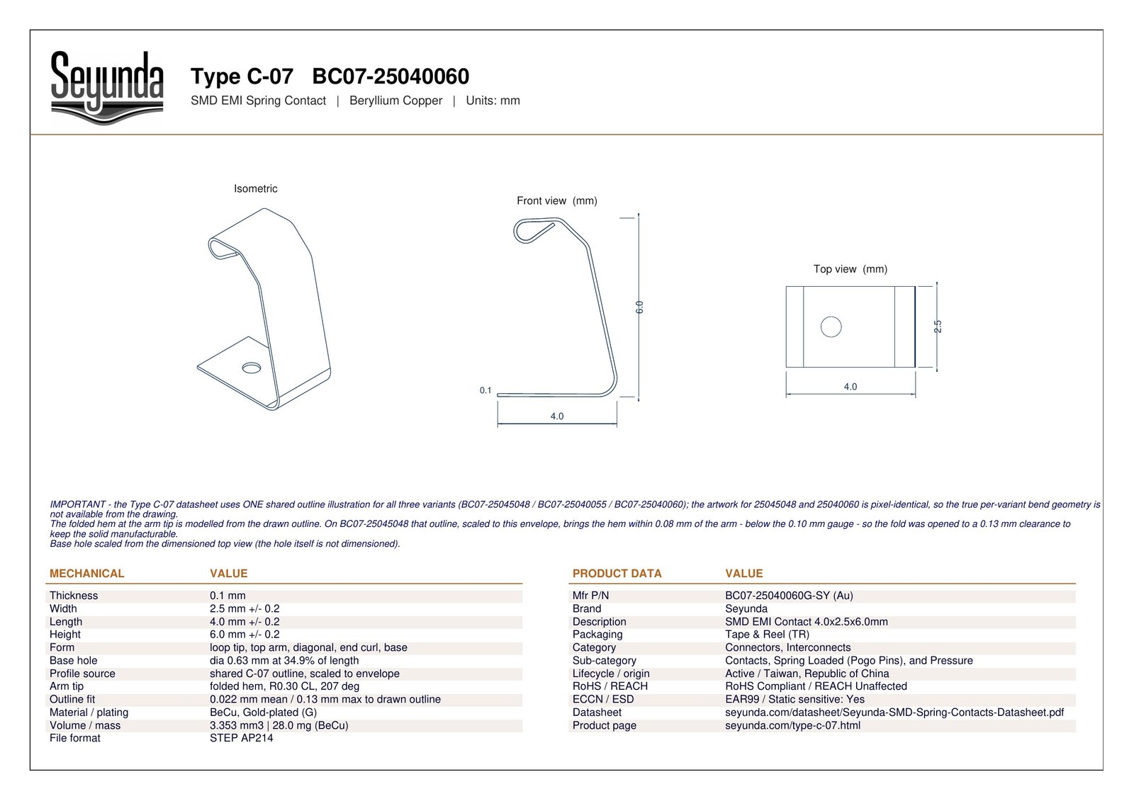 TYPE C - 07 (BC07-25040060) dimensional drawing: isometric, front and top views with overall size 4.0 x 2.5 x 6.0 mm, 0.1 mm gold-plated beryllium copper and a 0.63 mm base hole, plus mechanical and product data tables