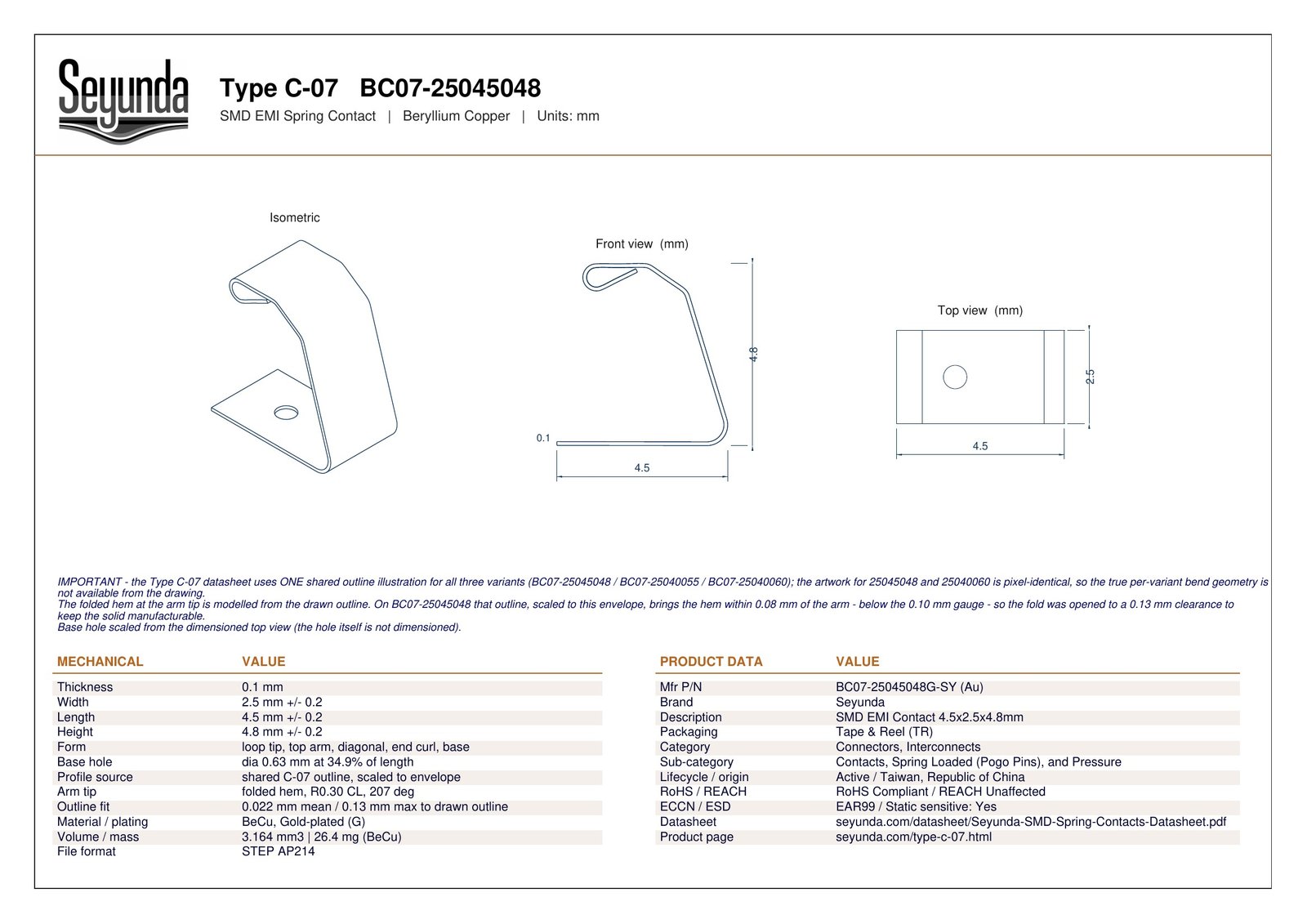 TYPE C - 07 (BC07-25045048) dimensional drawing: isometric, front and top views with overall size 4.5 x 2.5 x 4.8 mm, 0.1 mm gold-plated beryllium copper and a 0.63 mm base hole, plus mechanical and product data tables