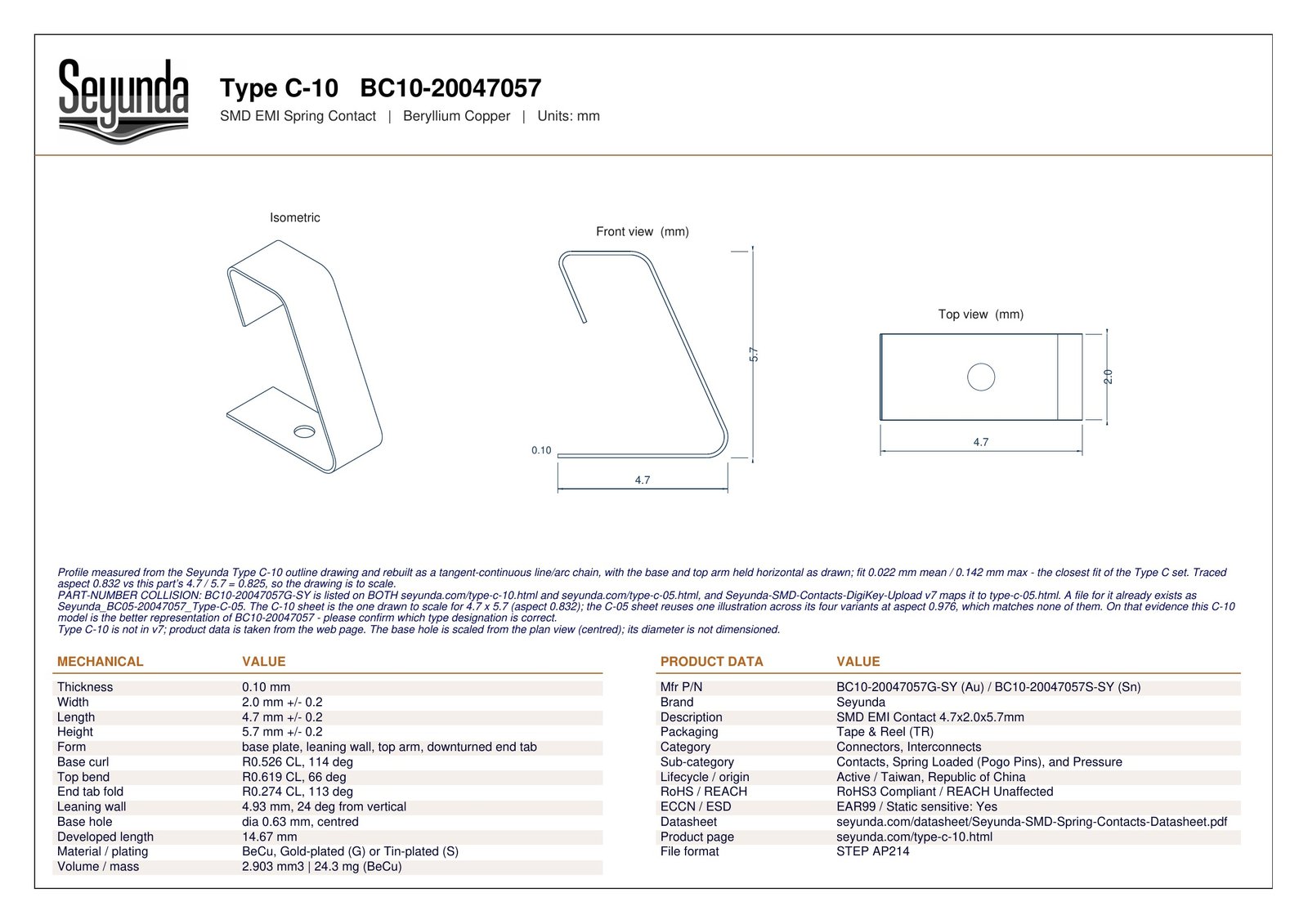 TYPE C - 10 (BC10-20047057) dimensional drawing: isometric, front and top views with overall size 4.7 x 2.0 x 5.7 mm, 0.10 mm beryllium copper (gold or tin-plated) and a 0.63 mm base hole, plus mechanical and product data tables