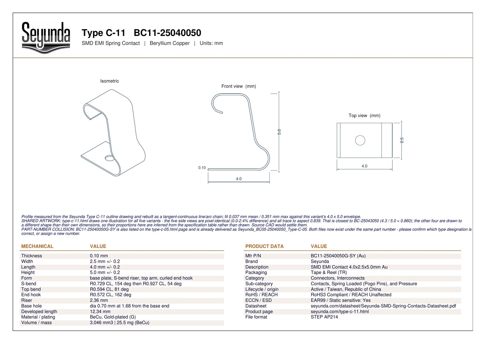 TYPE C - 11 (BC11-25040050) dimensional drawing: isometric, front and top views with overall size 4.0 x 2.5 x 5.0 mm, 0.10 mm gold-plated beryllium copper and a 0.70 mm base hole, plus mechanical and product data tables