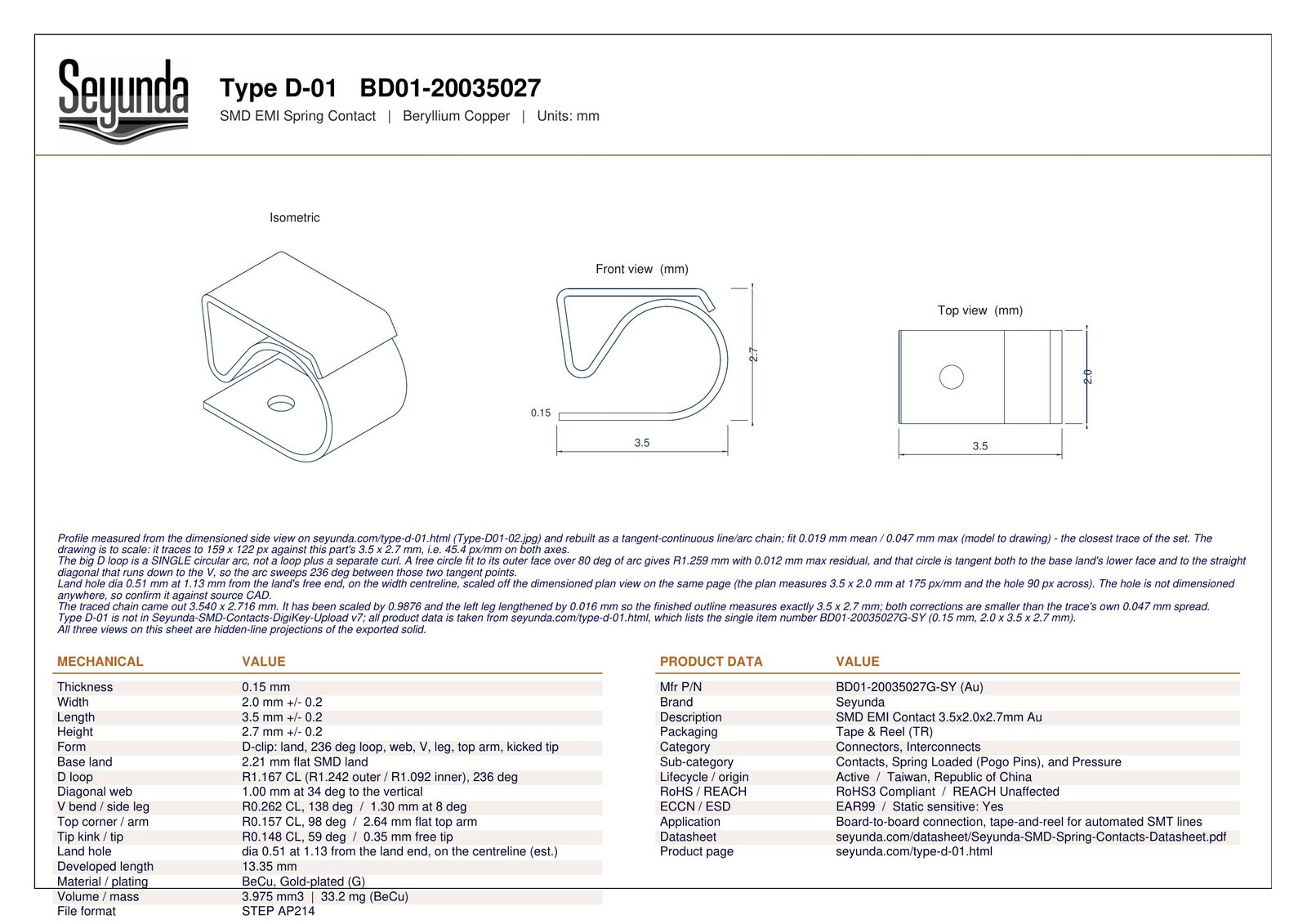 TYPE D - 01 (BD01-20035027) dimensional drawing: isometric, front and top views with overall size 3.5 x 2.0 x 2.7 mm, 0.15 mm gold-plated beryllium copper, plus mechanical and product data tables