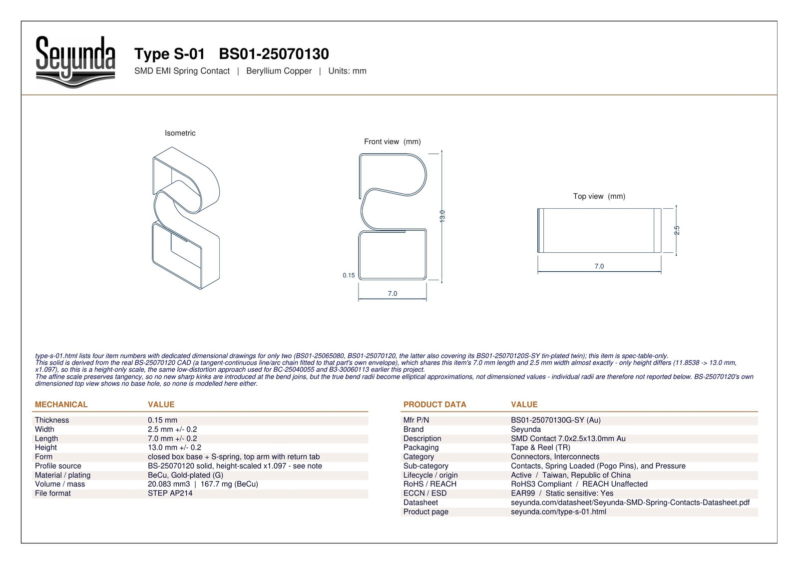 TYPE S - 01 (BS01-25070130) dimensional drawing: isometric, front and top views with overall size 7.0 x 2.5 x 13.0 mm, 0.15 mm gold-plated beryllium copper, plus mechanical and product data tables